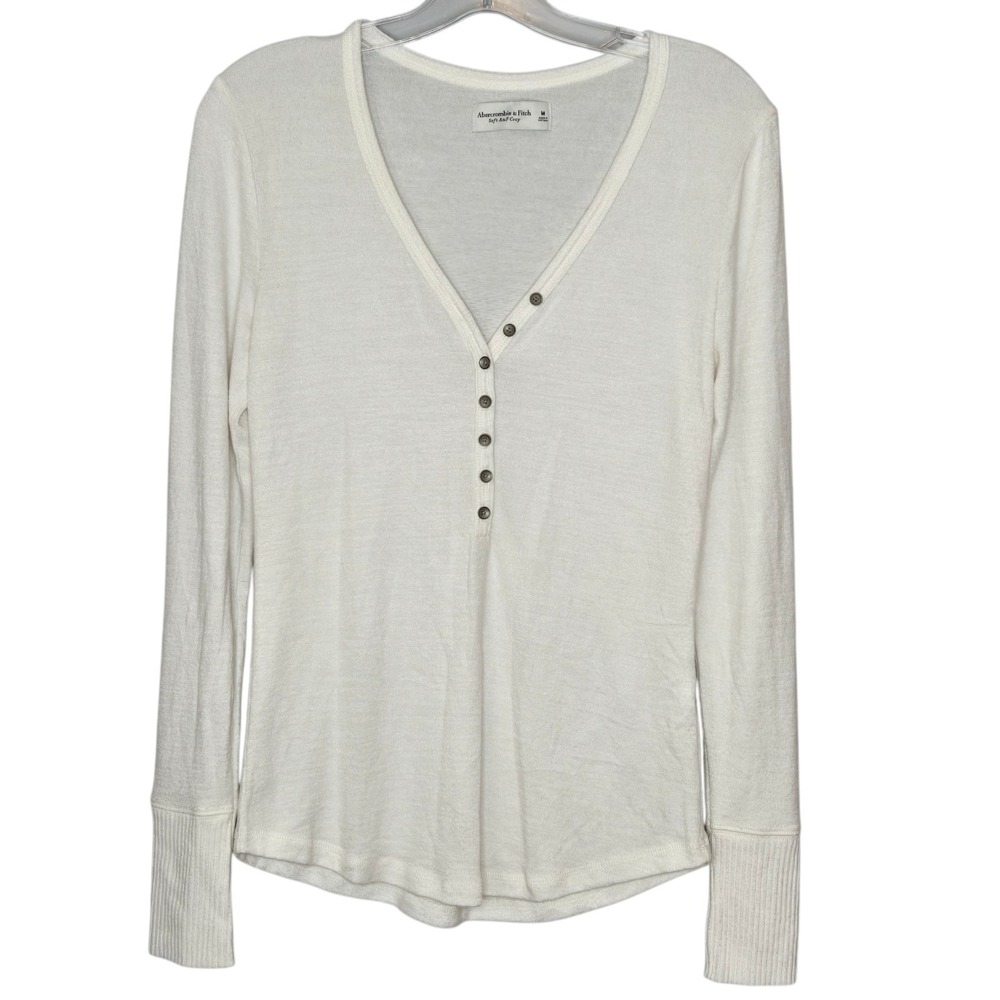 Abercrombie & Fitch Soft A&F Cozy Henley Top White V-Neck Long Sleeve Medium